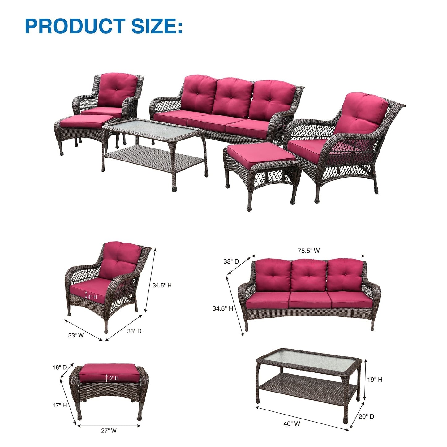 Set da conversazione con mobili da giardino in vimini e resina da 6 pezzi con schienale alto