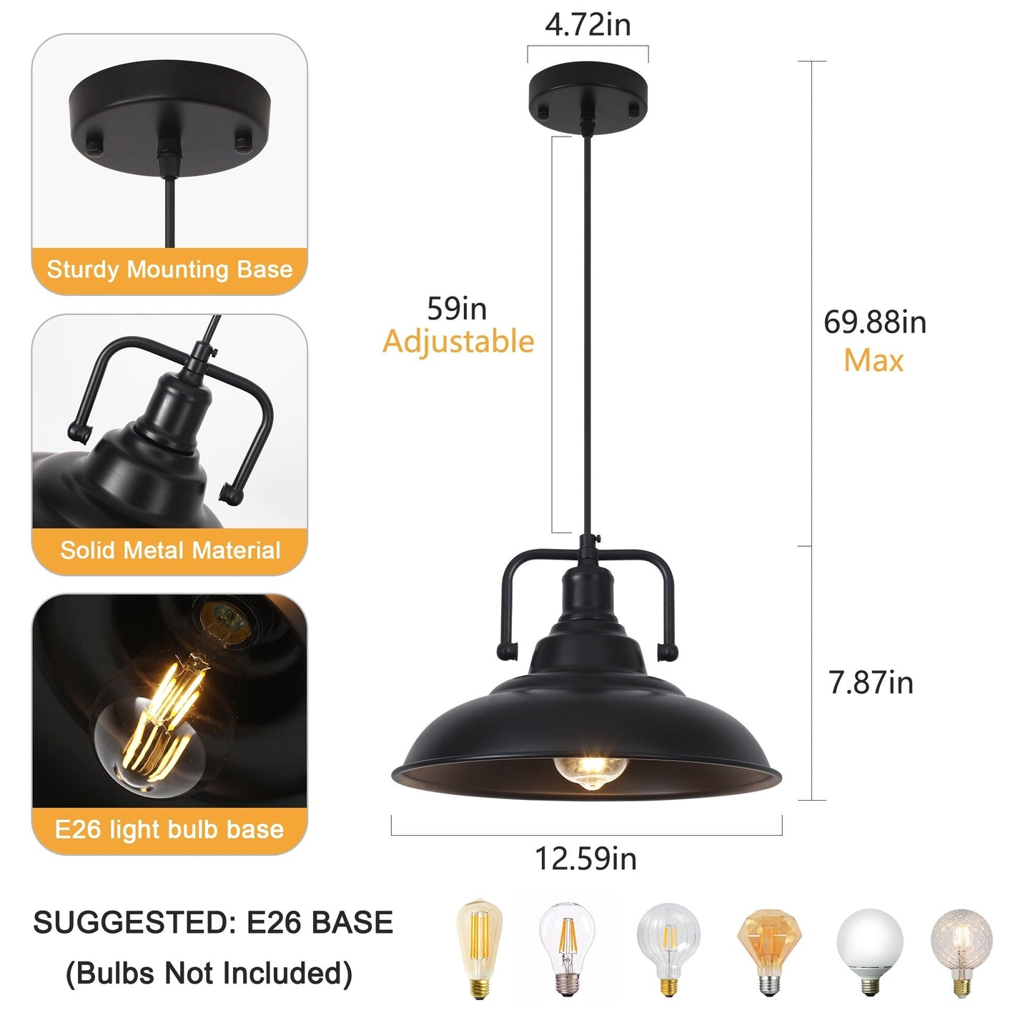 Lampada a sospensione da 60 Watt a 1 luce con paralume a cupola per isola cucina, lampadario classico semi-incassato per sala da pranzo