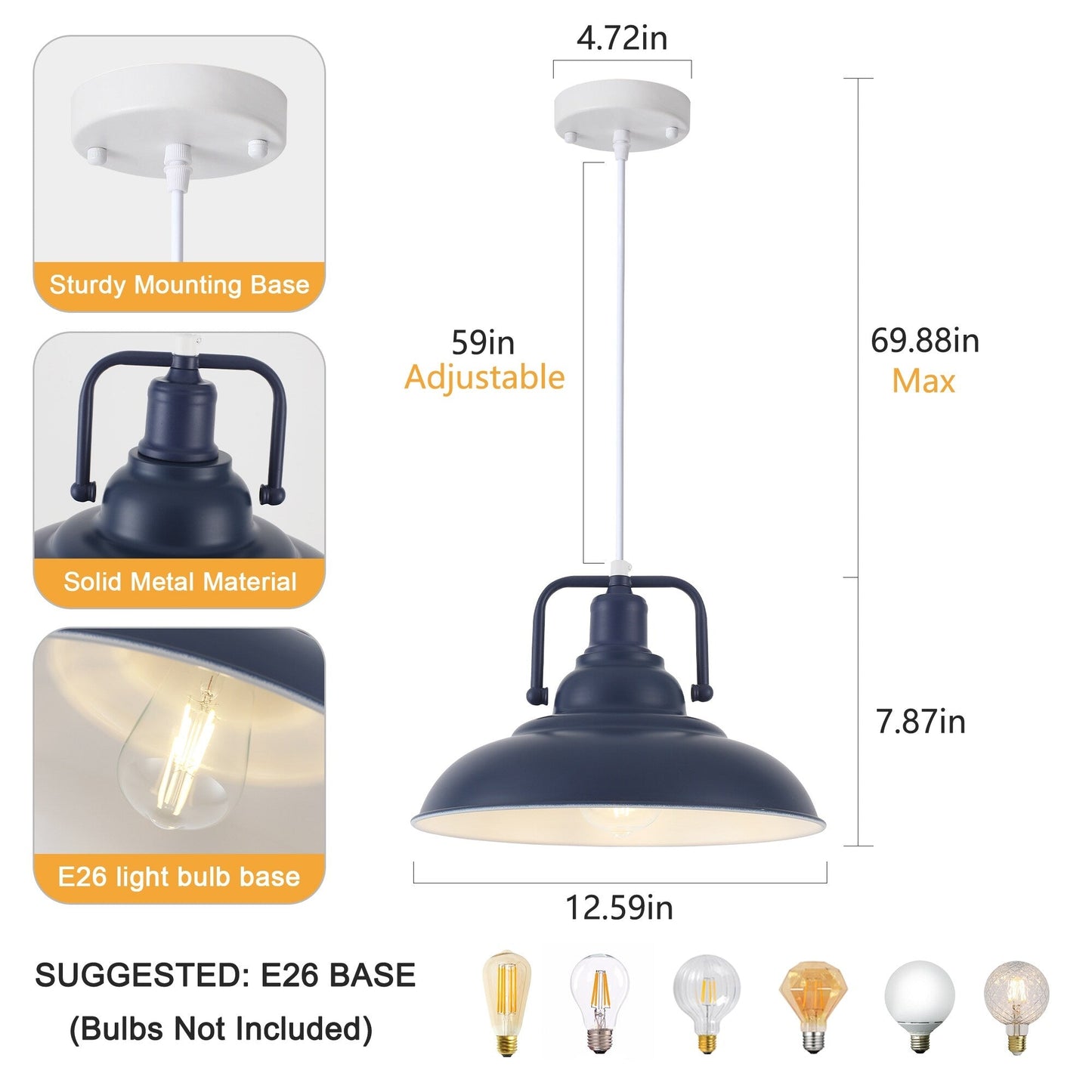 Lampada a sospensione da 60 Watt a 1 luce con paralume a cupola per isola cucina, lampadario classico semi-incassato per sala da pranzo