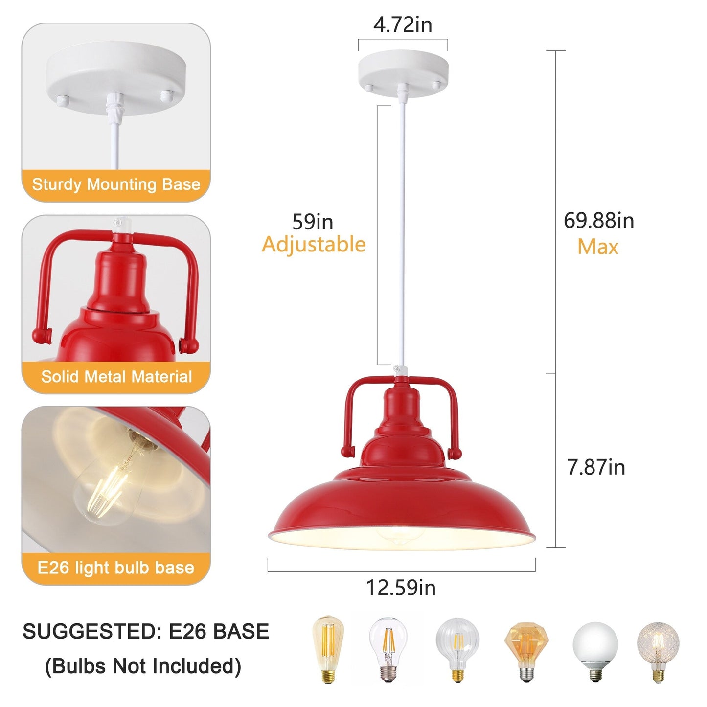 Lampada a sospensione da 60 Watt a 1 luce con paralume a cupola per isola cucina, lampadario classico semi-incassato per sala da pranzo