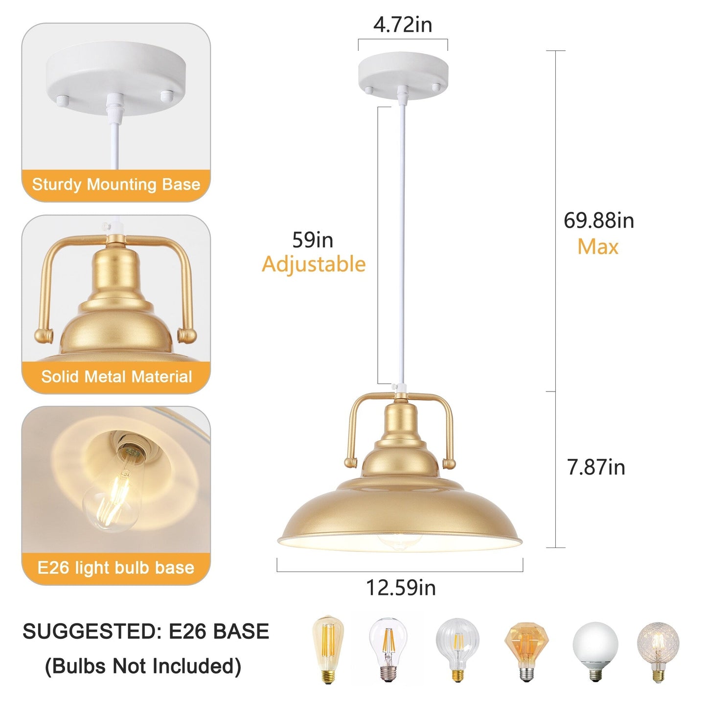 Lampada a sospensione da 60 Watt a 1 luce con paralume a cupola per isola cucina, lampadario classico semi-incassato per sala da pranzo