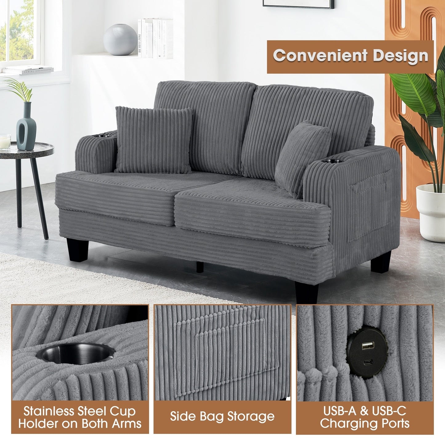 Divano a due posti in velluto a coste contemporaneo 61 con 2 cuscini e portabicchieri