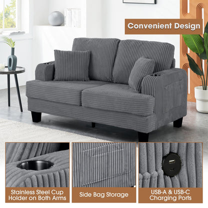 Divano a due posti in velluto a coste contemporaneo 61 con 2 cuscini e portabicchieri