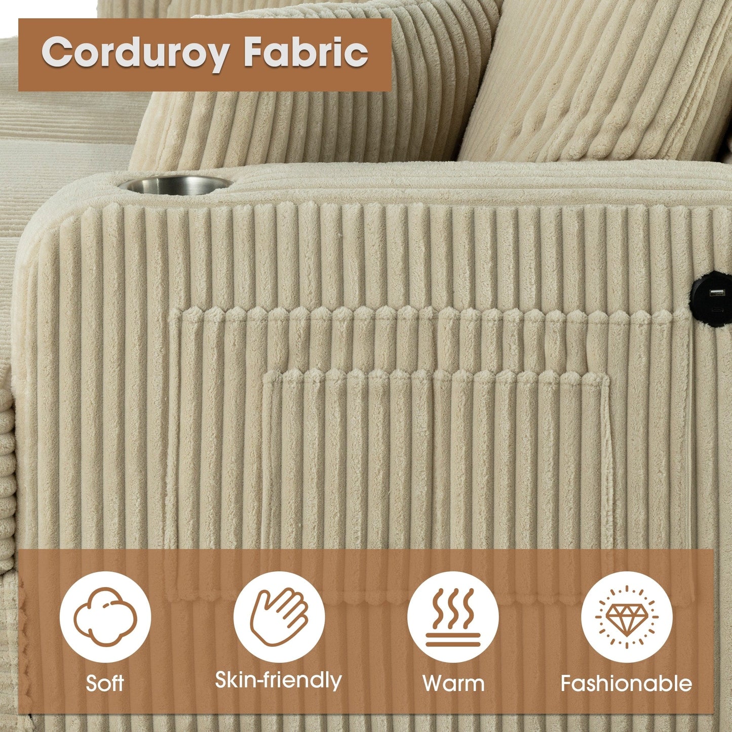 Divano a due posti in velluto a coste contemporaneo 61 con 2 cuscini e portabicchieri