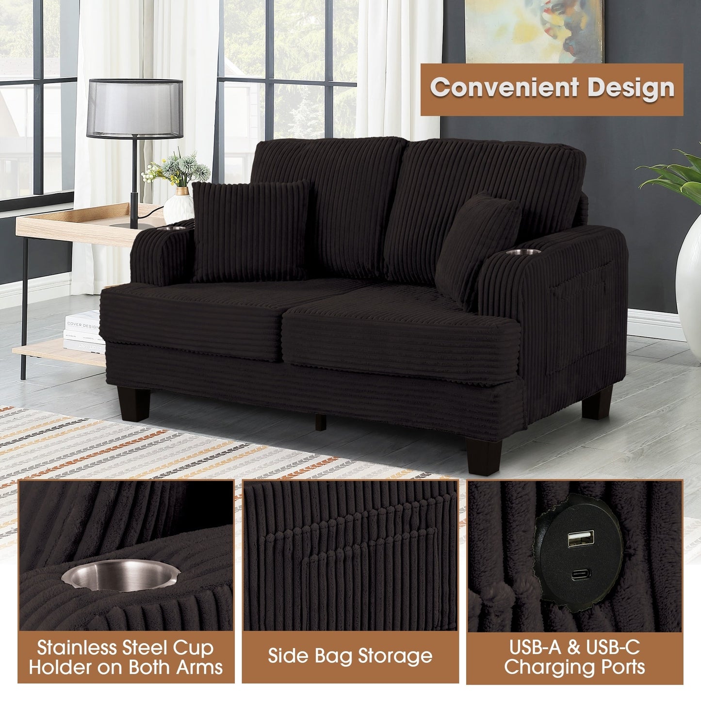 Divano a due posti in velluto a coste contemporaneo 61 con 2 cuscini e portabicchieri