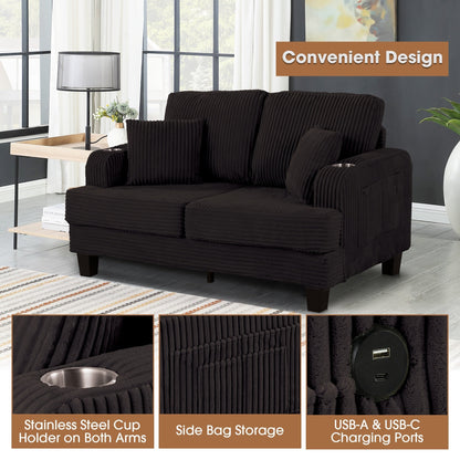 Divano a due posti in velluto a coste contemporaneo 61 con 2 cuscini e portabicchieri