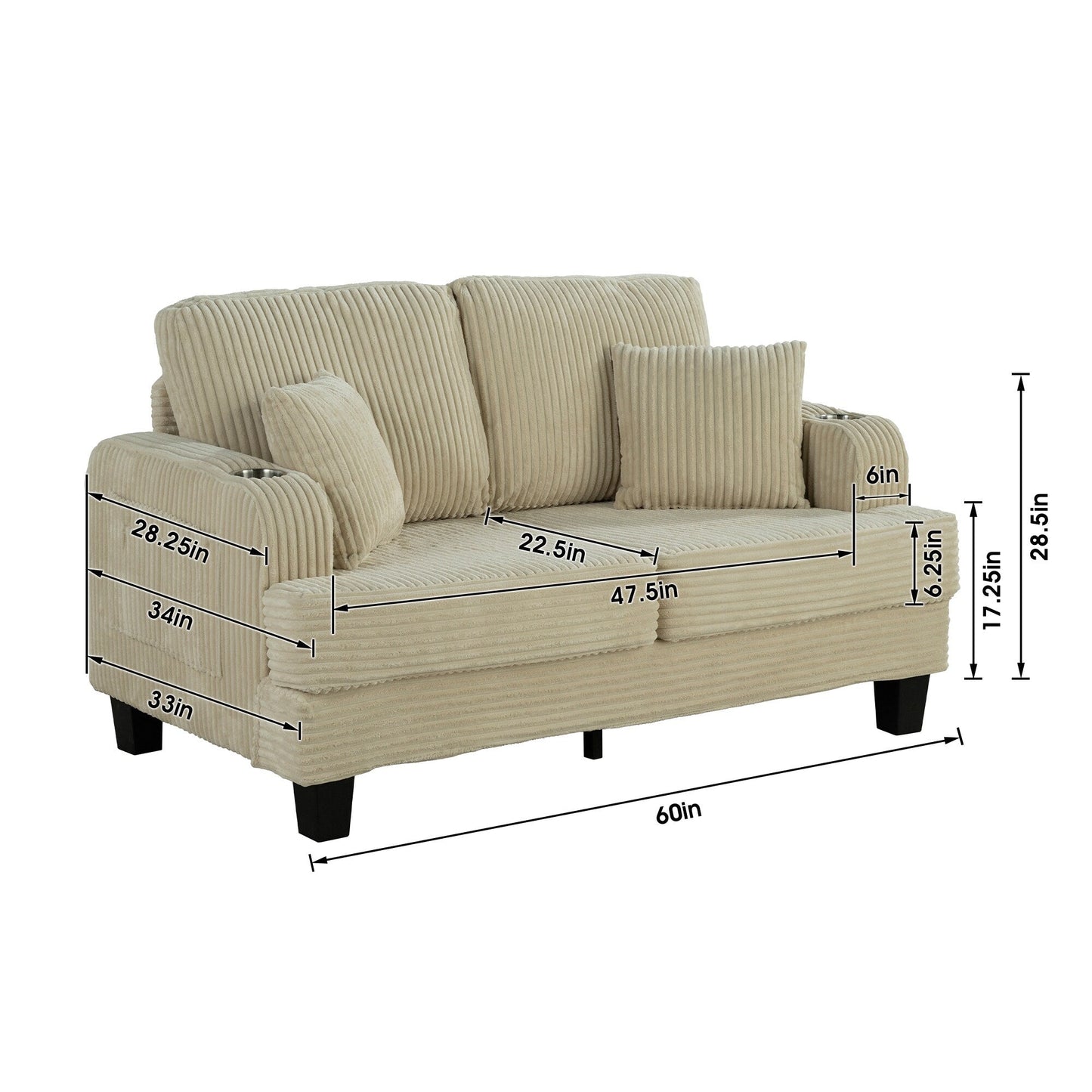 Divano a due posti in velluto a coste contemporaneo 61 con 2 cuscini e portabicchieri