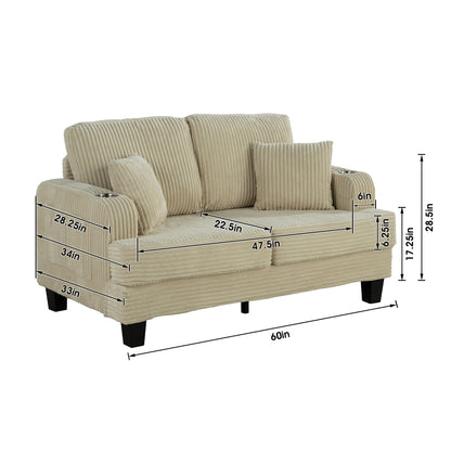 Divano a due posti in velluto a coste contemporaneo 61 con 2 cuscini e portabicchieri