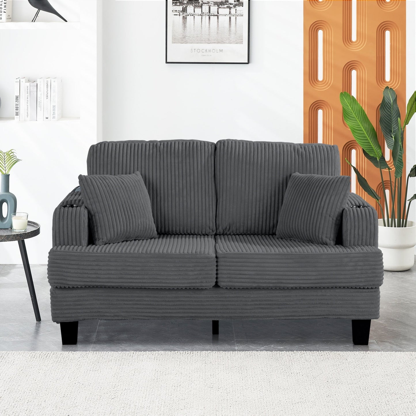 Divano a due posti in velluto a coste contemporaneo 61 con 2 cuscini e portabicchieri