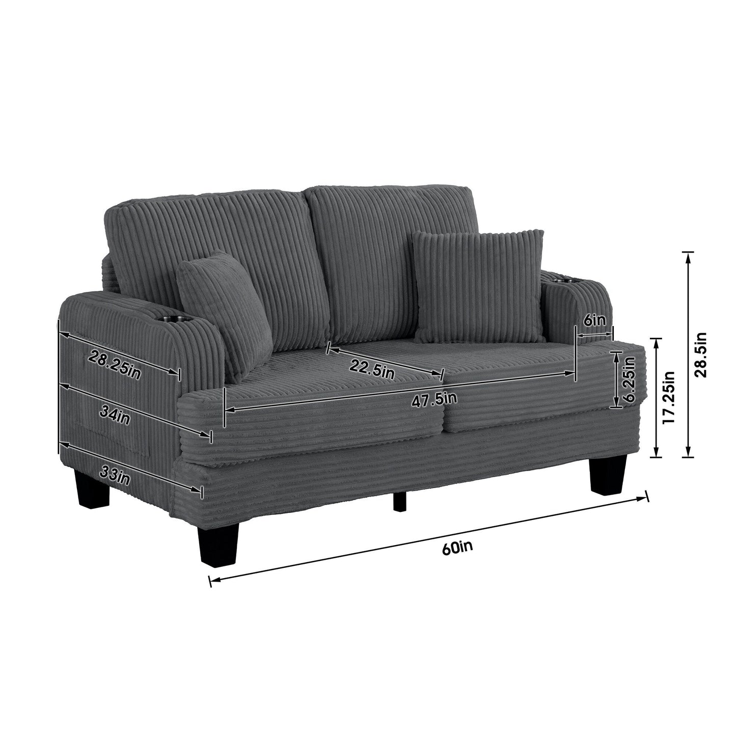 Divano a due posti in velluto a coste contemporaneo 61 con 2 cuscini e portabicchieri