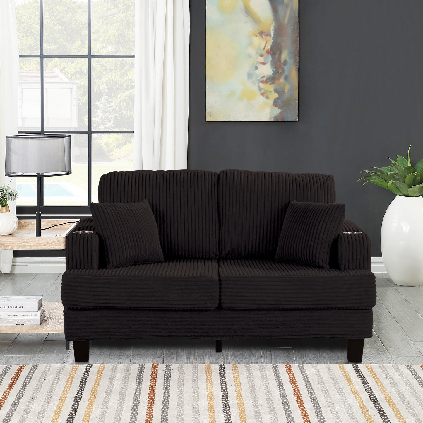 Divano a due posti in velluto a coste contemporaneo 61 con 2 cuscini e portabicchieri