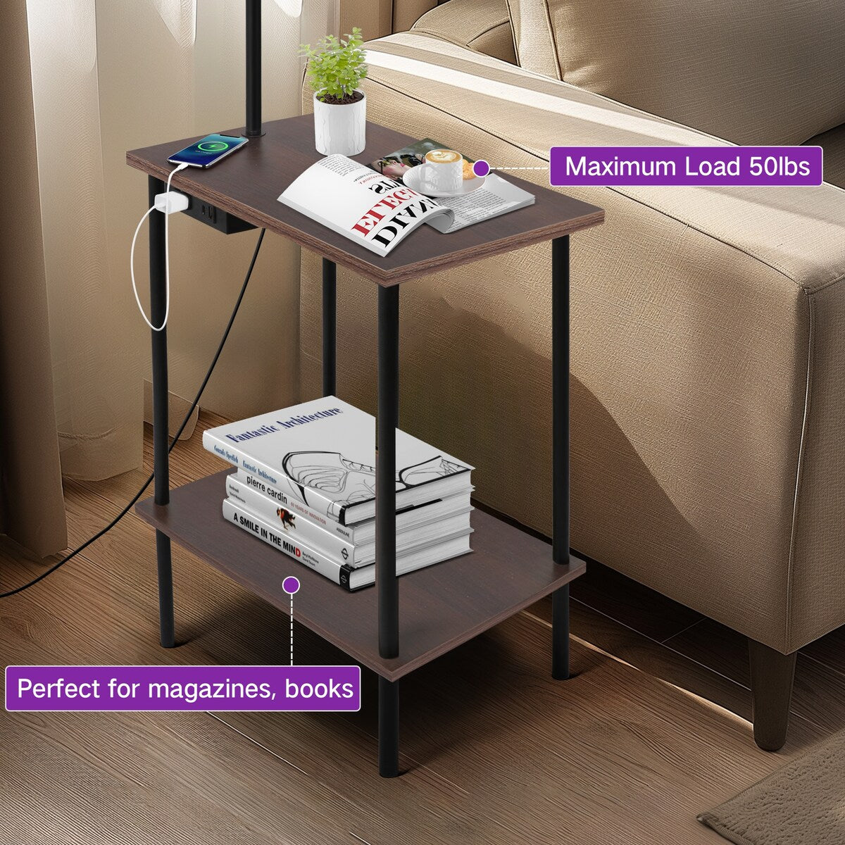 Lampada da terra da 62 pollici con tavolino quadrato porta riviste - noce