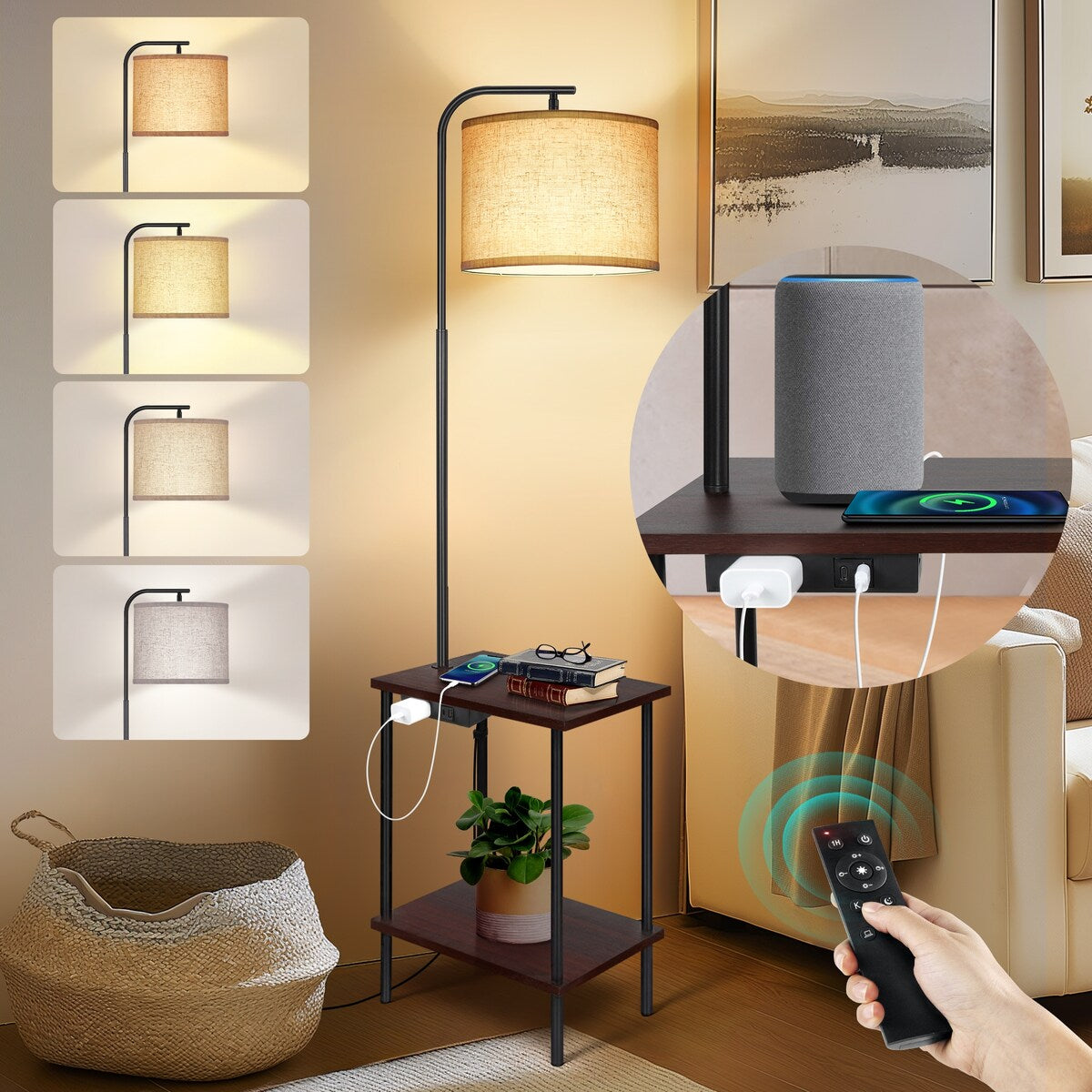 Lampada da terra da 62 pollici con tavolino quadrato porta riviste - noce