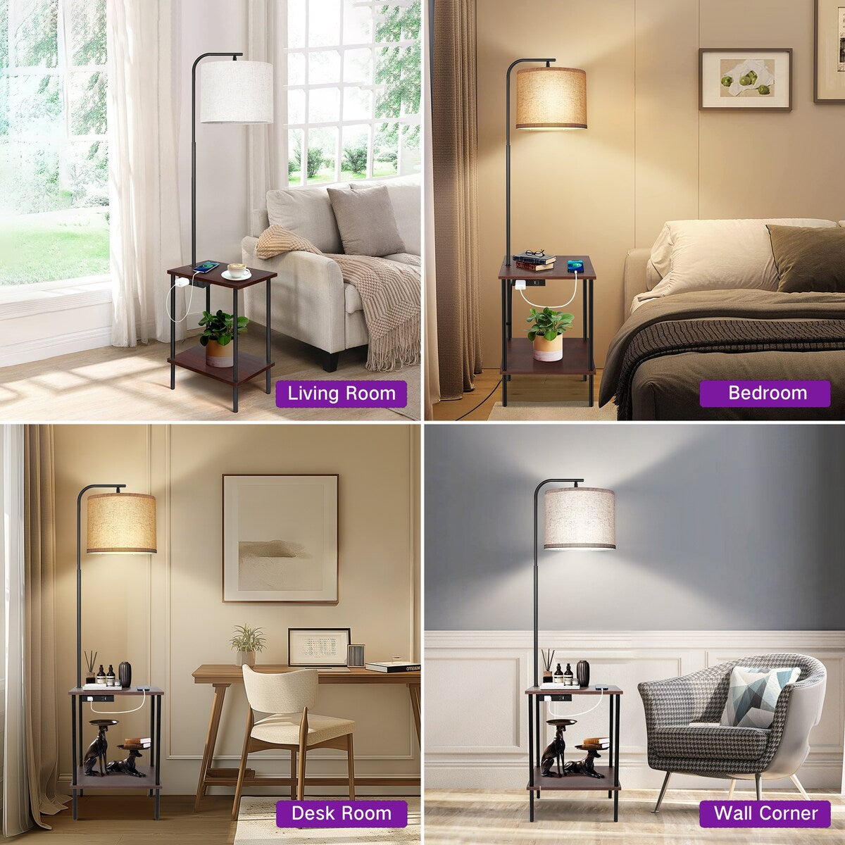 Lampada da terra da 62 pollici con tavolino quadrato porta riviste - noce