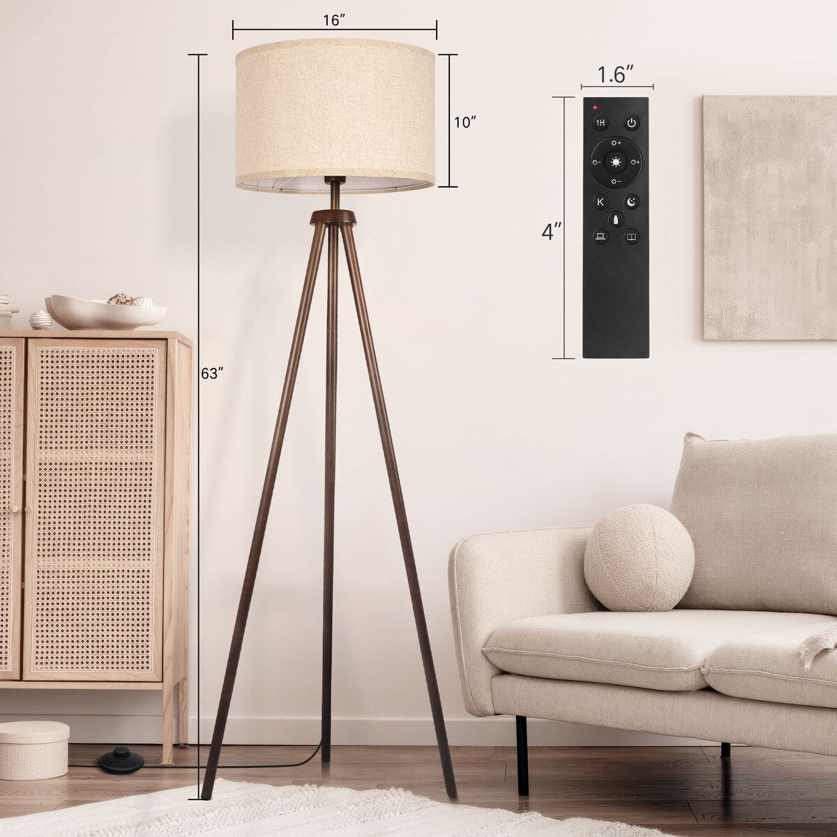 Lampada da terra con treppiede in noce nero da 63 pollici e gambe in legno massello