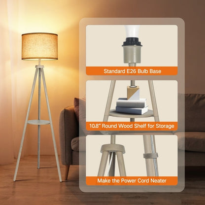 Lampada da terra con treppiede in noce da 63 pollici con gambe in legno massello e vassoio