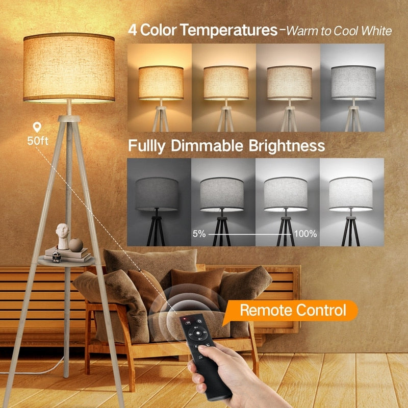 Lampada da terra con treppiede in noce da 63 pollici con gambe in legno massello e vassoio