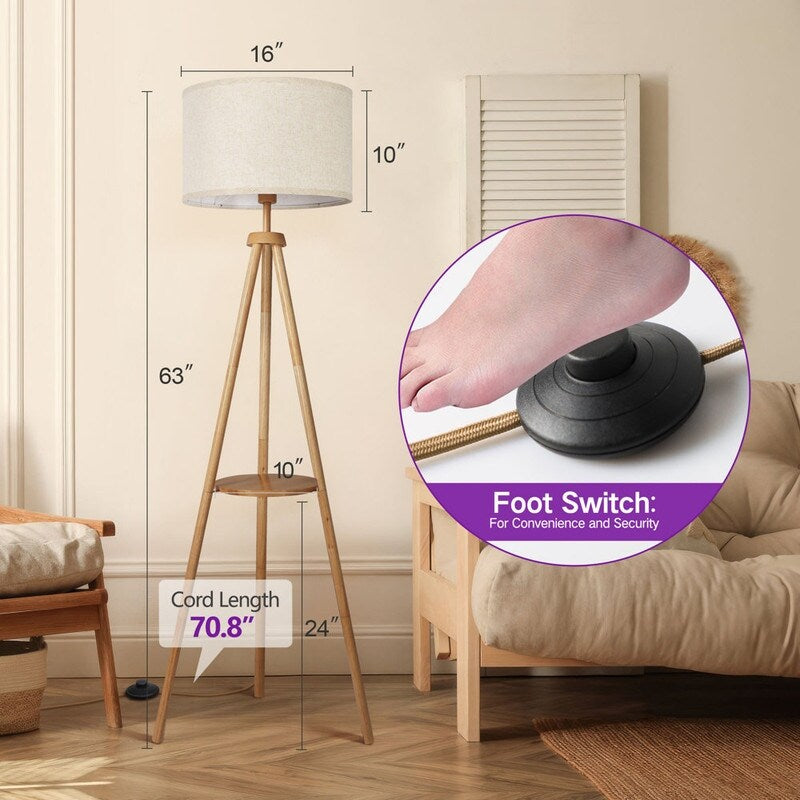 Lampada da terra con treppiede in noce da 63 pollici con gambe in legno massello e vassoio