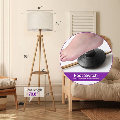 Lampada da terra con treppiede in noce da 63 pollici con gambe in legno massello e vassoio