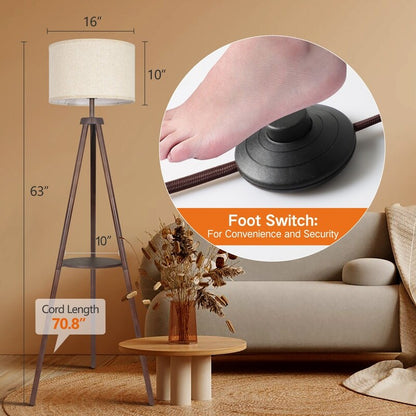 Lampada da terra con treppiede in noce da 63 pollici con gambe in legno massello e vassoio