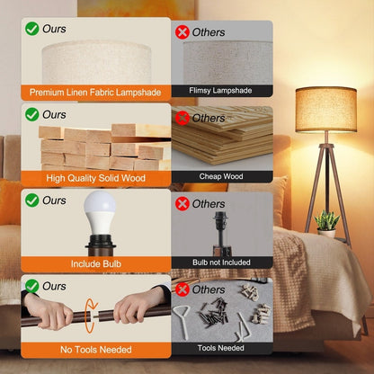 Lampada da terra con treppiede in noce da 63 pollici con gambe in legno massello e vassoio