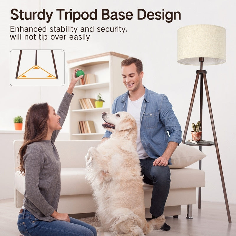 Lampada da terra con treppiede in noce da 63 pollici con gambe in legno massello e vassoio