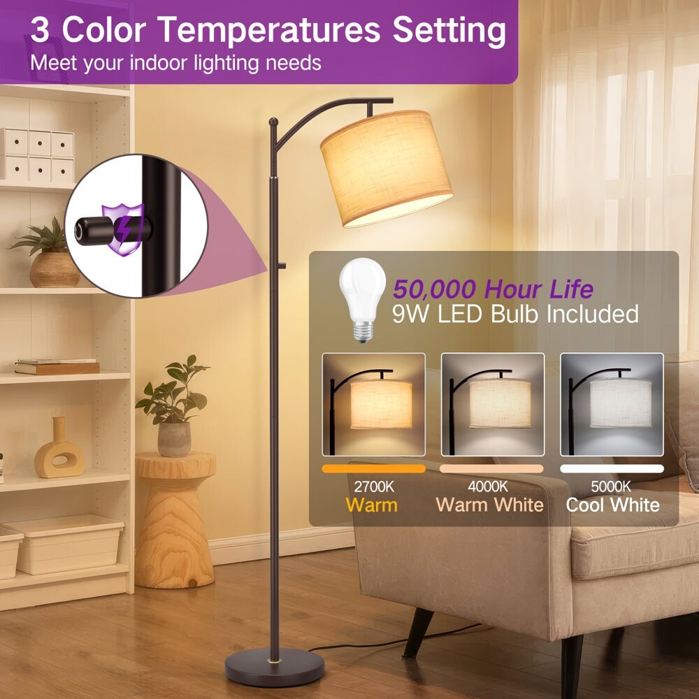 Lampada da terra ad arco 63 con paralume in tessuto di lino marrone per soggiorno