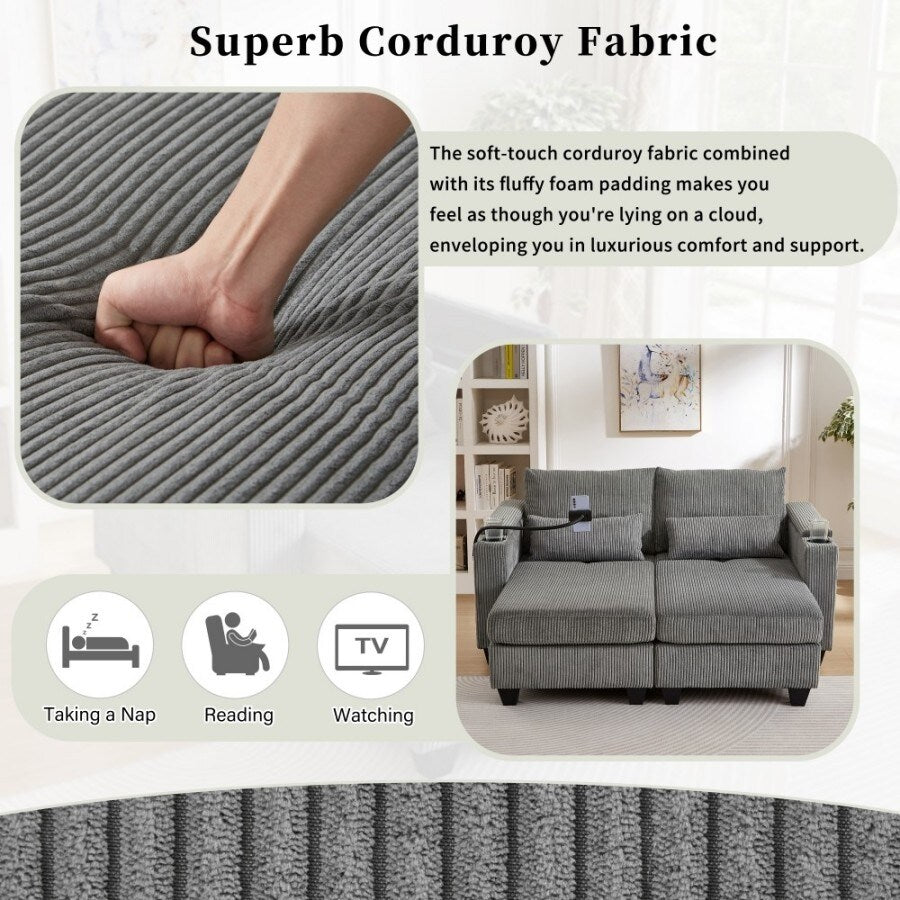 Divano letto trasformabile in velluto a coste da 63 pollici con porte USB, due portabicchieri e un portatelefono per il soggiorno