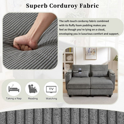 Divano letto trasformabile in velluto a coste da 63 pollici con porte USB, due portabicchieri e un portatelefono per il soggiorno