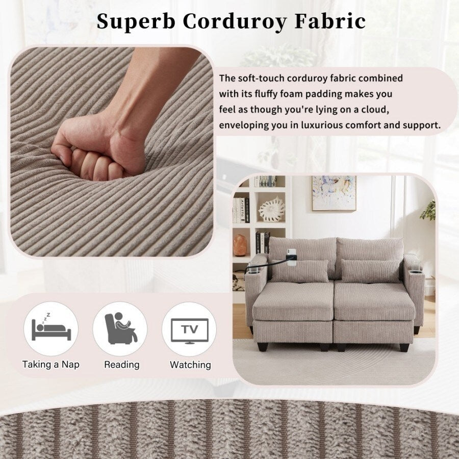 Divano letto trasformabile in velluto a coste da 63 pollici con porte USB, due portabicchieri e un portatelefono per il soggiorno