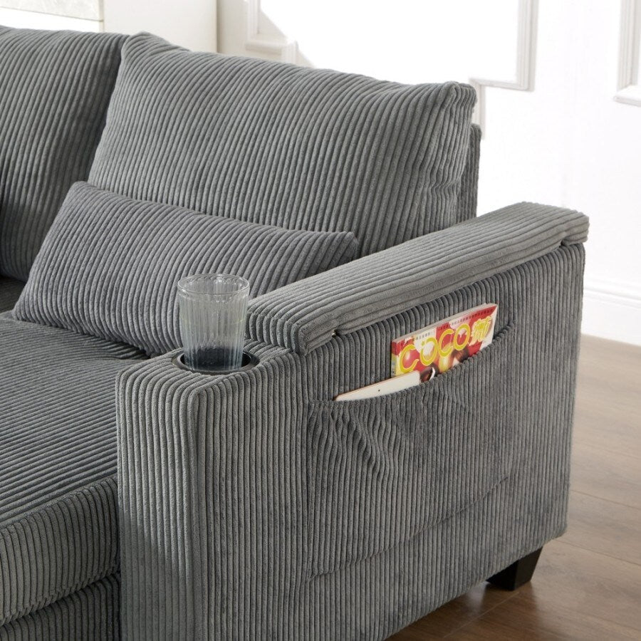 Divano letto trasformabile in velluto a coste da 63 pollici con porte USB, due portabicchieri e un portatelefono per il soggiorno