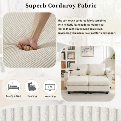 Divano letto trasformabile in velluto a coste da 63 pollici con porte USB, due portabicchieri e un portatelefono per il soggiorno