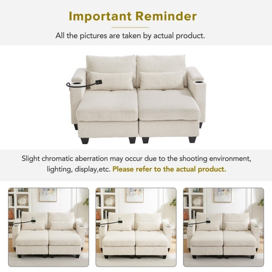 Divano letto trasformabile in velluto a coste da 63 pollici con porte USB, due portabicchieri e un portatelefono per il soggiorno