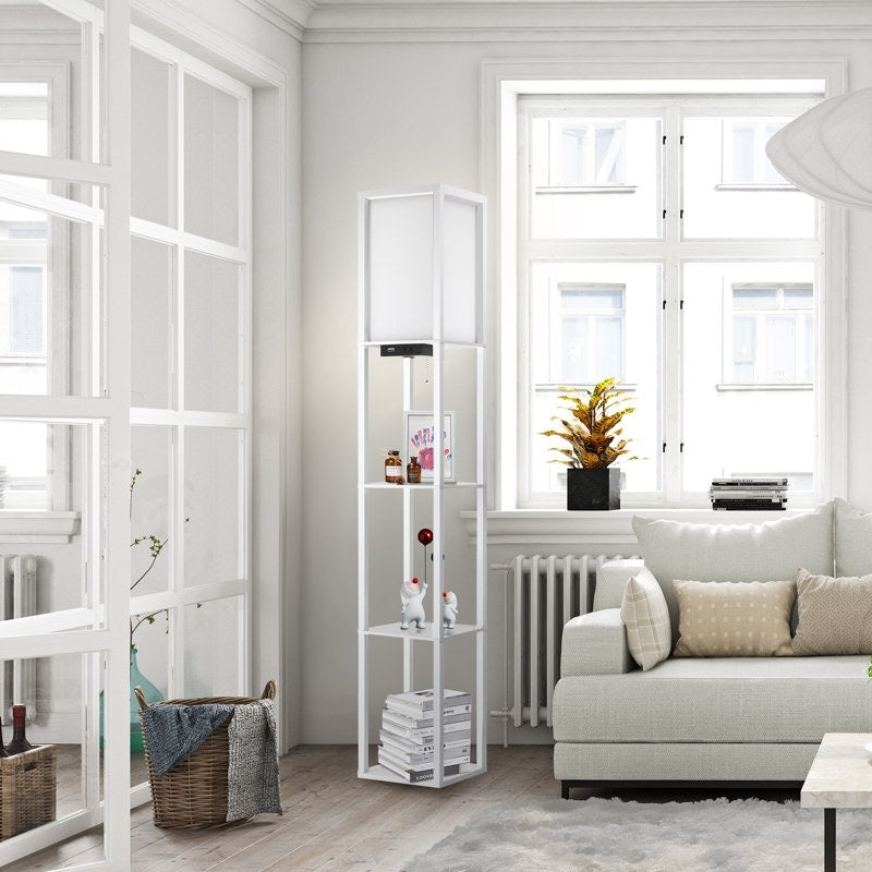 Lampada da terra 63 con ripiani - Lampada da soggiorno con ripiani in legno