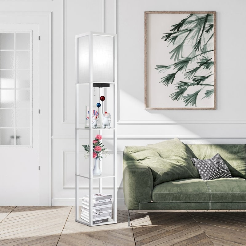 Lampada da terra 63 con ripiani - Lampada da soggiorno con ripiani in legno