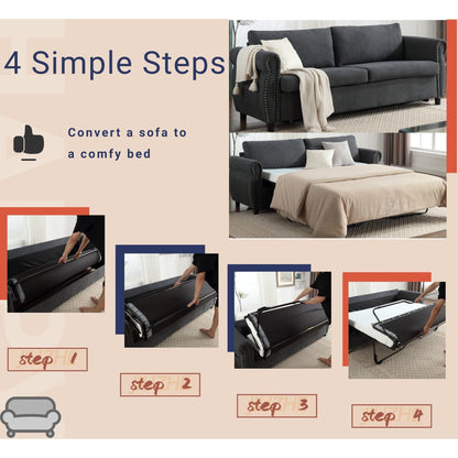 Divano letto a 3 posti in poliestere con materasso estraibile e braccioli con rivetti retrò