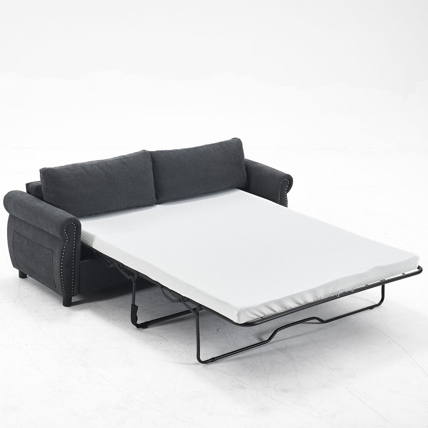 Divano letto a 3 posti in poliestere con materasso estraibile e braccioli con rivetti retrò