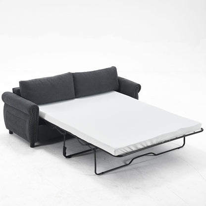 Divano letto a 3 posti in poliestere con materasso estraibile e braccioli con rivetti retrò