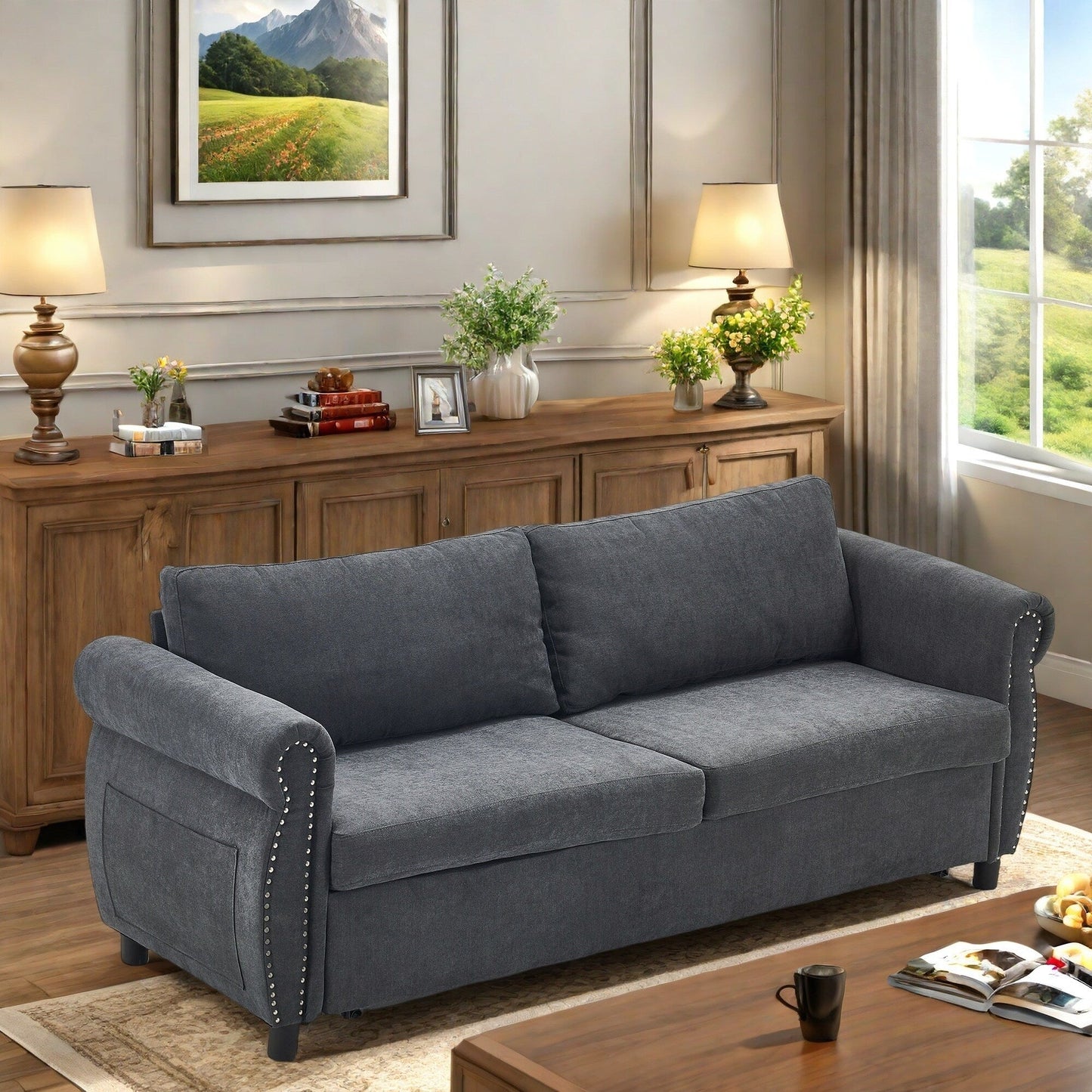 Divano letto a 3 posti in poliestere con materasso estraibile e braccioli con rivetti retrò