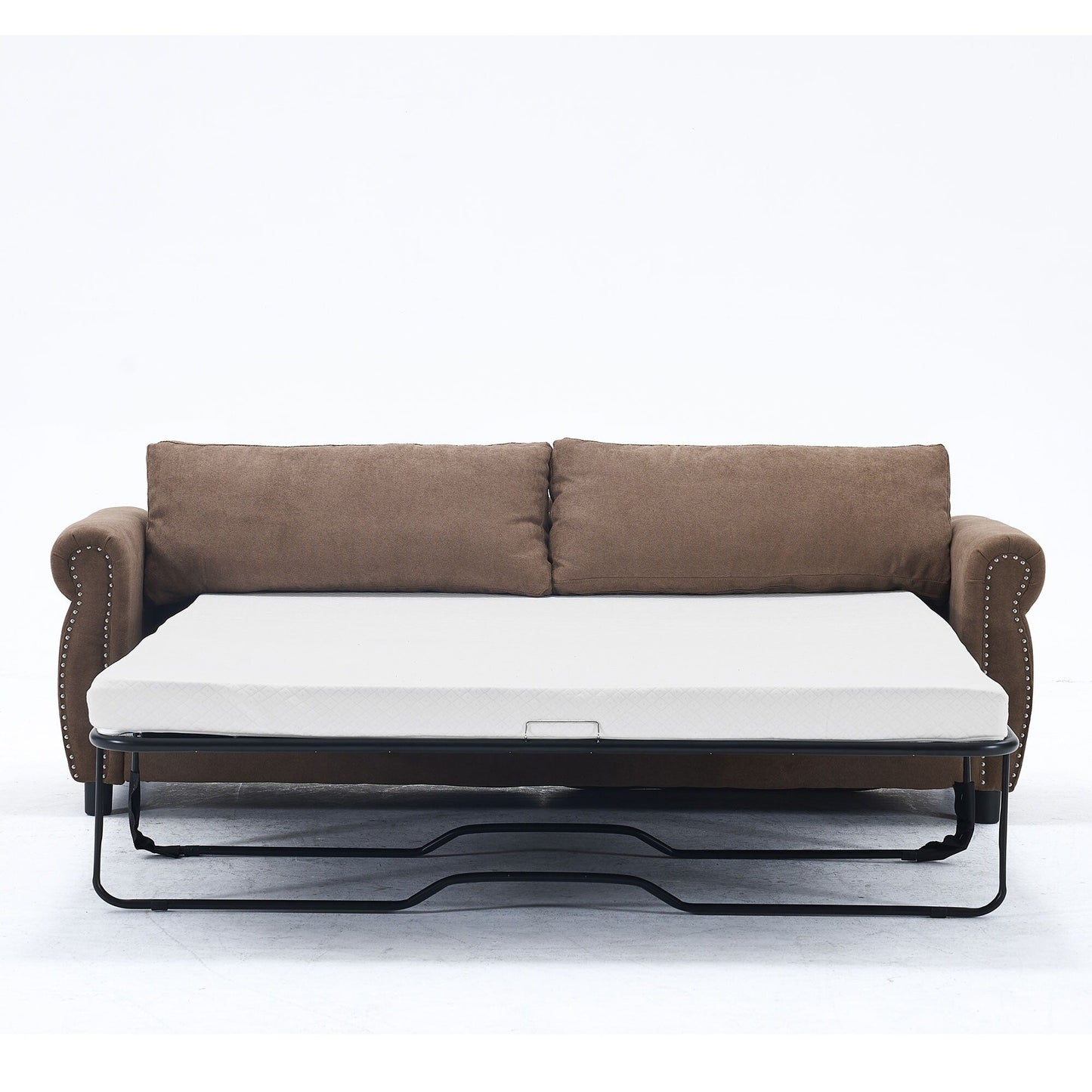 Divano letto a 3 posti in poliestere con materasso estraibile e braccioli con rivetti retrò