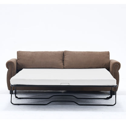 Divano letto a 3 posti in poliestere con materasso estraibile e braccioli con rivetti retrò
