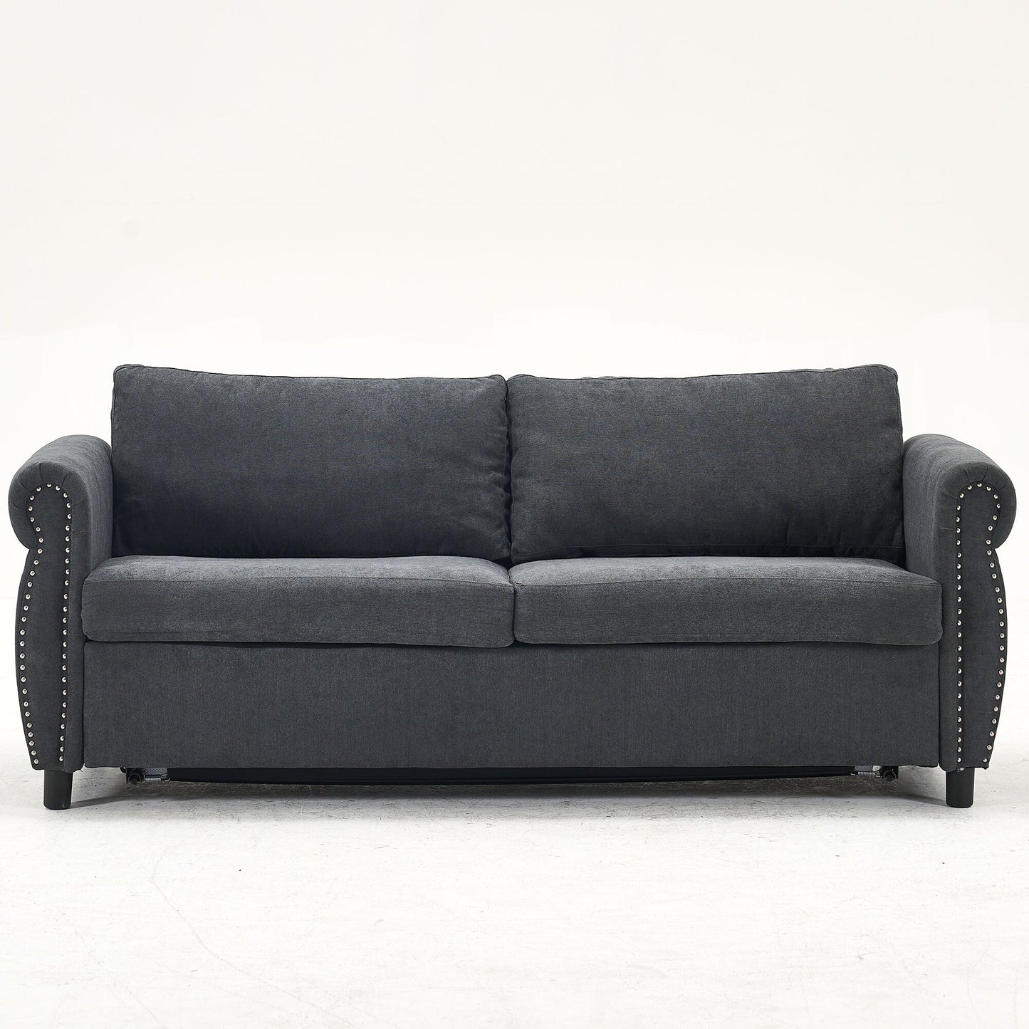 Divano letto a 3 posti in poliestere con materasso estraibile e braccioli con rivetti retrò