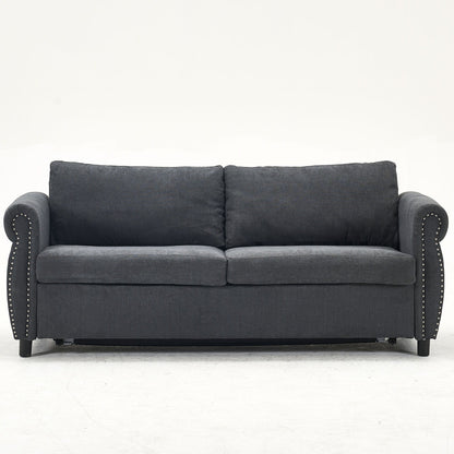 Divano letto a 3 posti in poliestere con materasso estraibile e braccioli con rivetti retrò