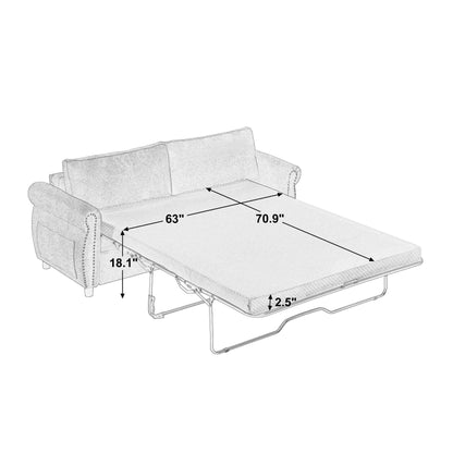 Divano letto a 3 posti in poliestere con materasso estraibile e braccioli con rivetti retrò