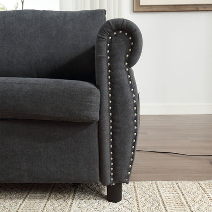 Divano letto a 3 posti in poliestere con materasso estraibile e braccioli con rivetti retrò