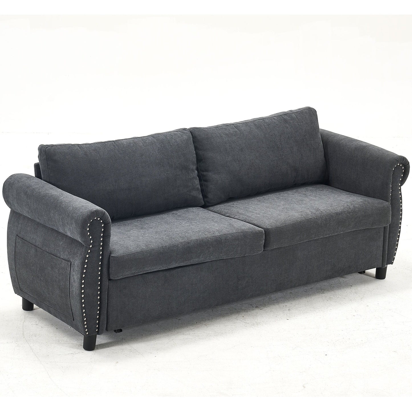 Divano letto a 3 posti in poliestere con materasso estraibile e braccioli con rivetti retrò