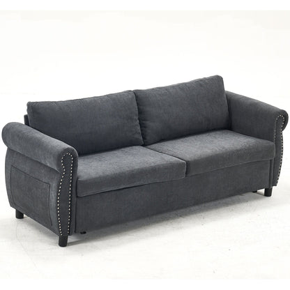 Divano letto a 3 posti in poliestere con materasso estraibile e braccioli con rivetti retrò