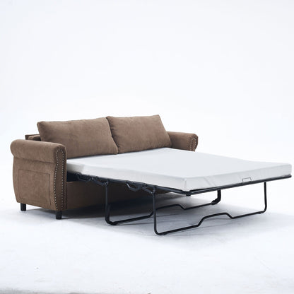 Divano letto a 3 posti in poliestere con materasso estraibile e braccioli con rivetti retrò