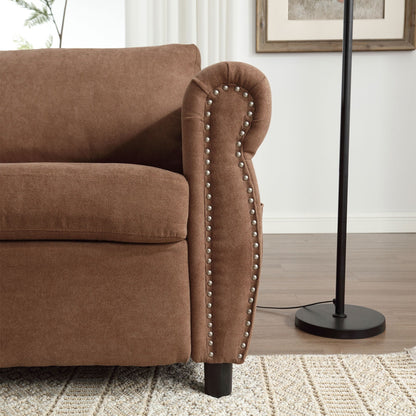 Divano letto a 3 posti in poliestere con materasso estraibile e braccioli con rivetti retrò