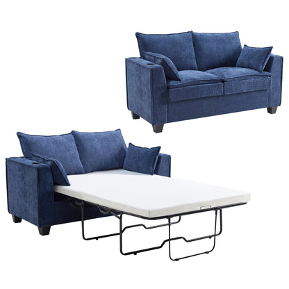 Divano letto a 2 posti in ciniglia da 64,9 con topper in memory foam - Struttura letto a doghe in legno massello, 2 portabicchieri